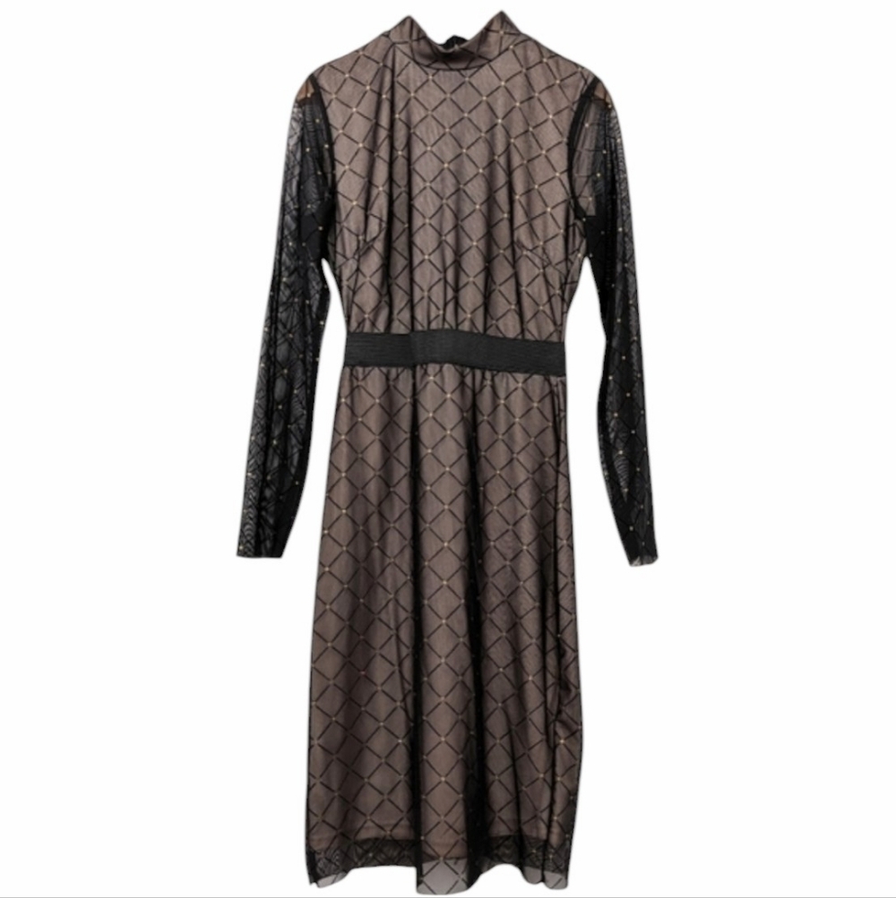 CBR Bodycon Tulle Dress Long Sleeve Band Collar Diamond Design Metallic Dots Med